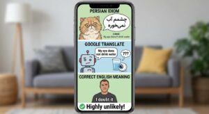 A funny meme comparing a Persian idiom "چشمم آب نمیخوره", its literal Google Translation, and the correct English meaning.