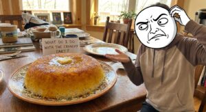 A beautiful, golden, full-plate Tahdig right next to a confused-looking foreigner (maybe a funny meme face photoshopped). The contrast highlights the problem.