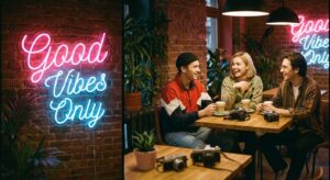 یک عکس استایل بلاگری از یک کافه‌ی شیک با نورپردازی نئونی که روی آن نوشته شده "Good Vibes Only". چند جوان شیک‌پوش در حال خندیدن و صحبت کردن در پس‌زمینه دیده می‌شوند.