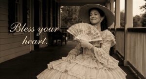 A GIF of a Southern lady (like Scarlett O'Hara from "Gone with the Wind") fanning herself and giving a sweet, but condescending smile.