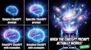 A funny meme of a person's brain exploding with the text "When the ChatGPT prompt actually works!". Something like the "Galaxy Brain" meme.