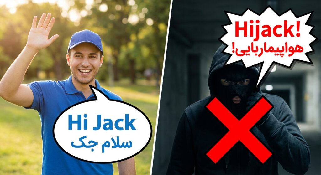 A split-screen image. On one side, a friendly person waving and text "Hi Jack" (سلام جک). On the other side, a masked person with "Hijack!" (هواپیماربایی!) in a speech bubble, with a large red "X" over it.
