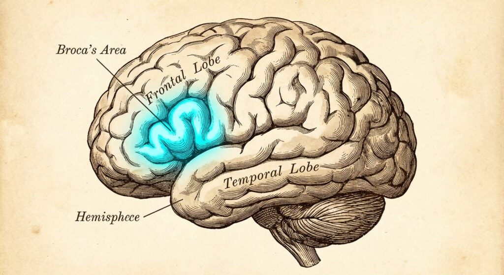 An anatomical illustration of the human brain with Broca's area highlighted in a bright color.