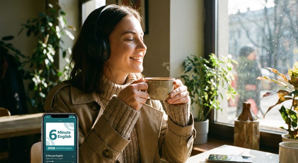 A stylish, aesthetic photo of someone listening to a podcast on their phone with headphones, while holding a cup of coffee. The screen shows a podcast app with "6 Minute English" on it.