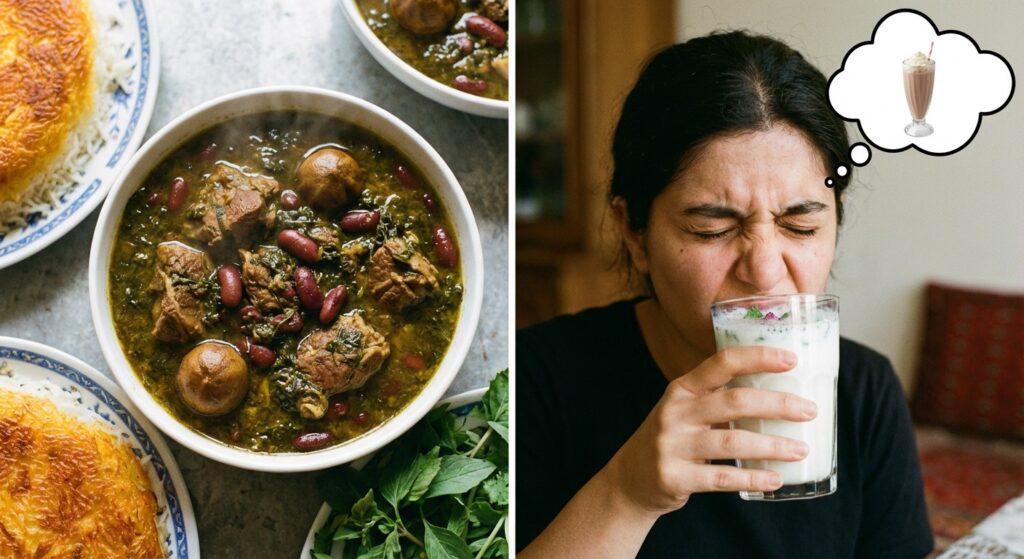A split-screen image. On the left, a delicious bowl of Ghormeh Sabzi. On the right, a person expecting a sweet milkshake takes a sip of Doogh and makes a hilariously sour face.