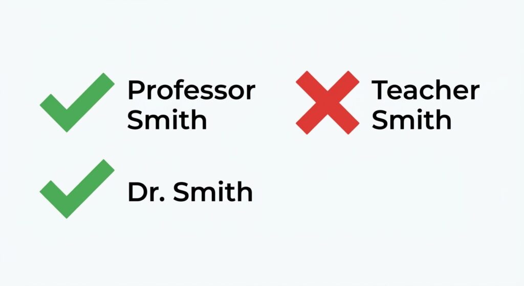 A simple, clean graphic showing a checklist. On one side, a green checkmark next to "Professor Smith" and "Dr. Smith". On the other side, a big red "X" next to "Teacher Smith".