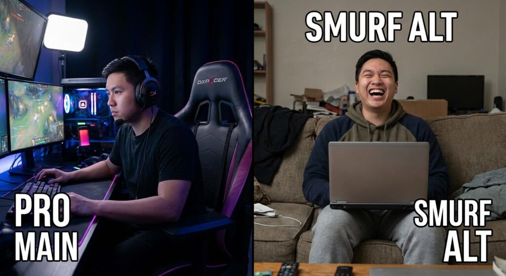 A split-screen image. On one side, a serious gamer in a pro gaming setup. On the other side, the same person laughing maniacally while playing on a simple laptop, representing the two sides of a smurf.