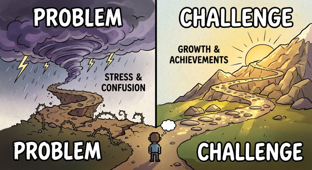 A meme showing two paths. One path is labeled "Problem" and leads to a dark, stormy cloud. The other path is labeled "Challenge" and leads to a mountain peak with a sunrise.