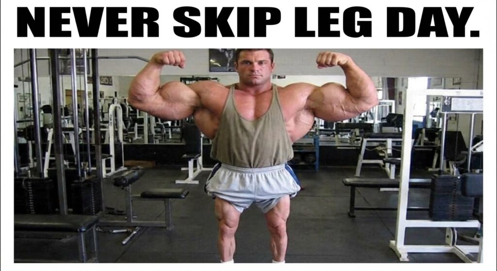 A classic, funny meme of a bodybuilder with a massive upper body and comically skinny legs.