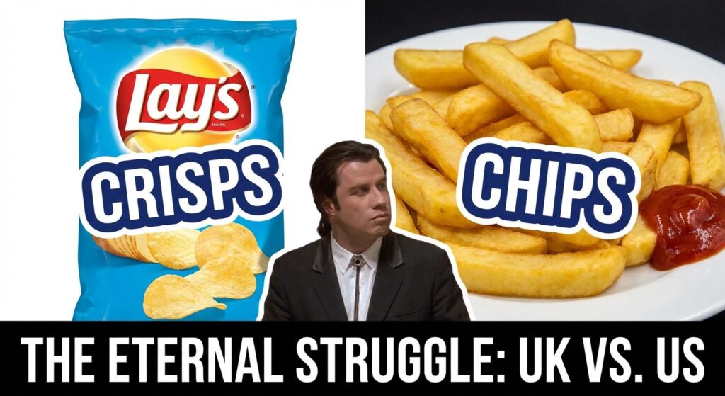 A funny meme comparing a bag of Lay's potato chips labeled "Crisps" next to a plate of thick-cut French fries labeled "Chips". Maybe add a confused John Travolta GIF.