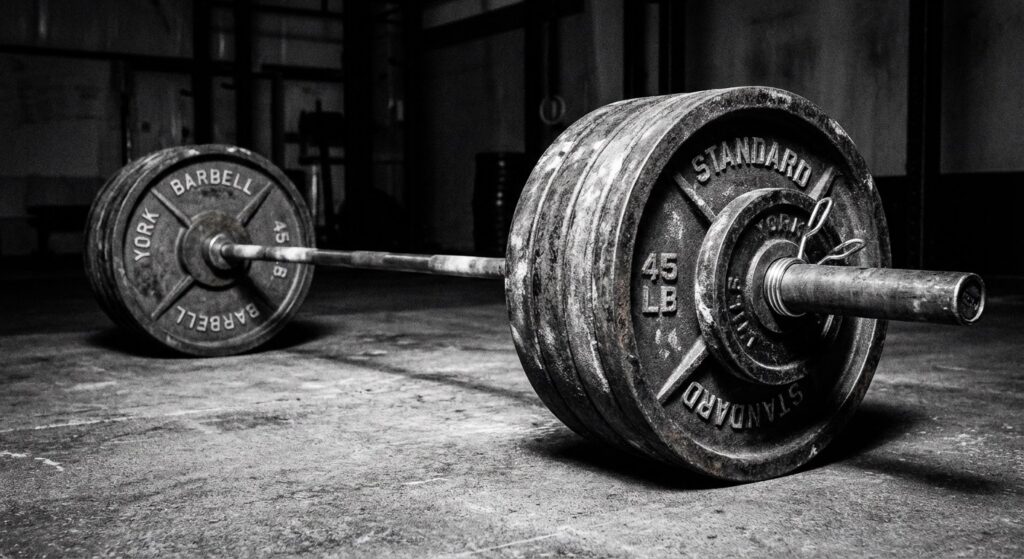 A dramatic, high-contrast photo of a heavy barbell resting on the gym floor. The focus should be on the weight, looking 'dead' and heavy.
