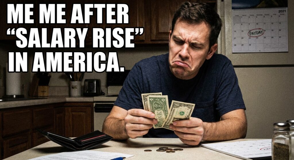 A funny meme of someone counting a few dollar bills with a sad face, with the caption "Me after my 'salary rise' in America".