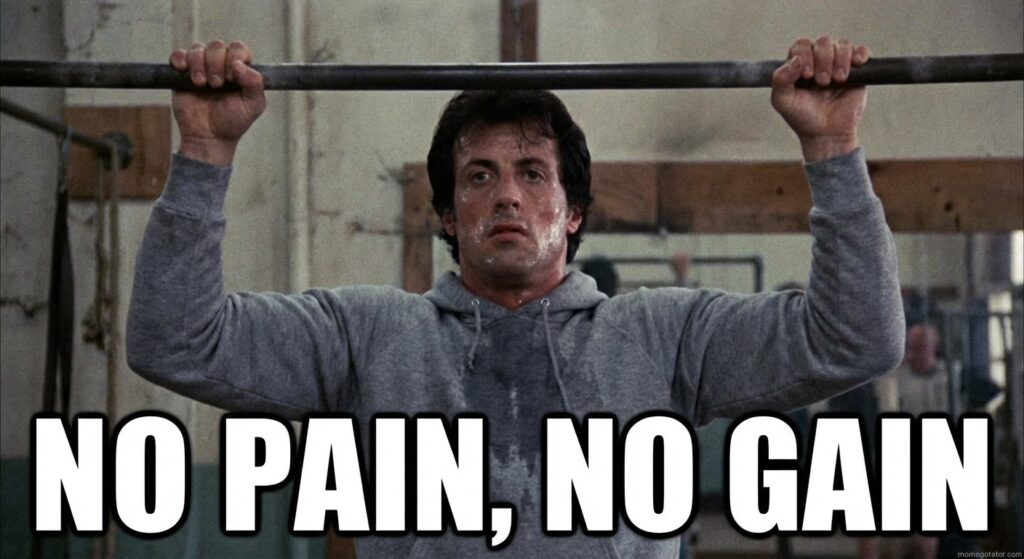 A motivational GIF of a famous movie character (like Rocky Balboa) training hard, with the text "No Pain, No Gain" overlaid.