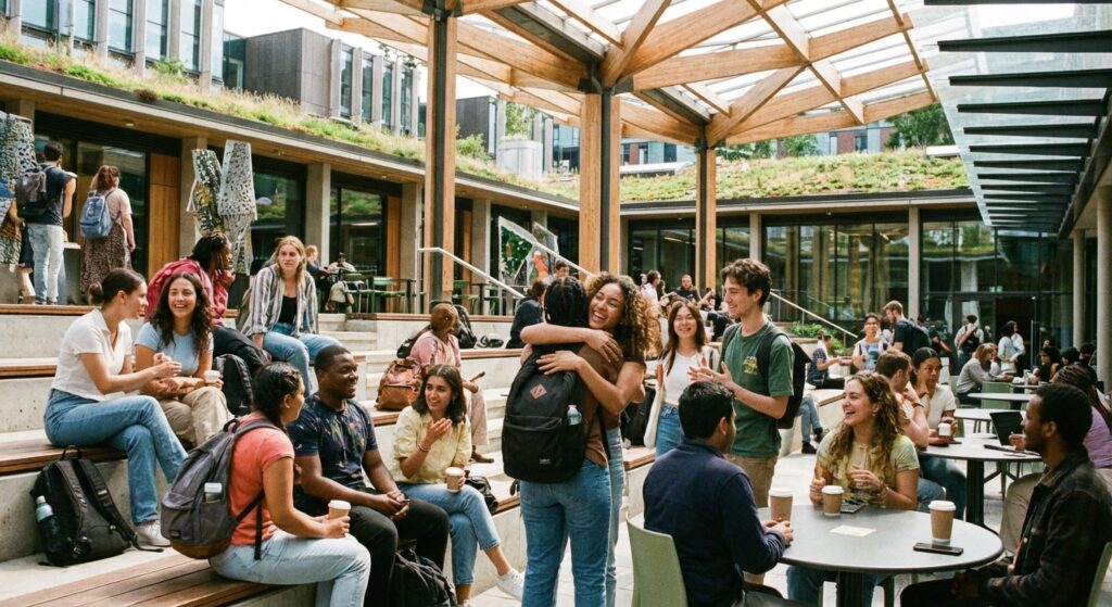 A vibrant, multi-ethnic group of university students laughing and talking in a modern campus courtyard. The vibe should be friendly and natural, not staged.