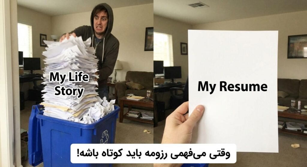A funny meme of someone throwing a huge stack of papers (labeled "My Life Story") into the trash and holding up a single, clean sheet of paper (labeled "My Resume"). Caption in Persian: "وقتی میفهمی رزومه باید کوتاه باشه!"