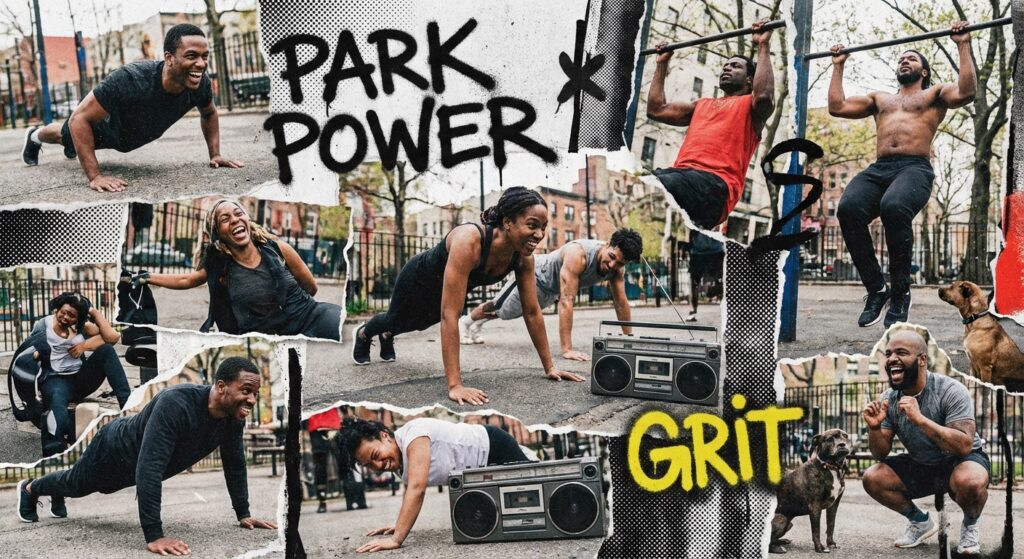 A dynamic collage of people doing push-ups, pull-ups, and squats in a park setting. The vibe should be energetic and cool, not like a boring gym photo.