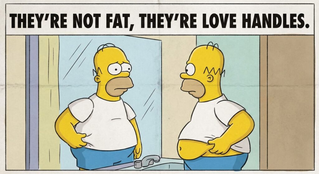A funny and relatable meme of a cartoon character (like Homer Simpson) looking at his sides in the mirror with a confused look. The caption could be: "They're not fat, they're LOVE HANDLES."