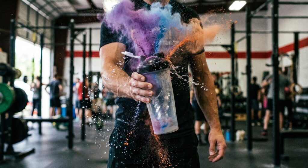 A dynamic shot of someone mixing a colorful pre-workout powder in a shaker bottle, with gym equipment blurred in the background.