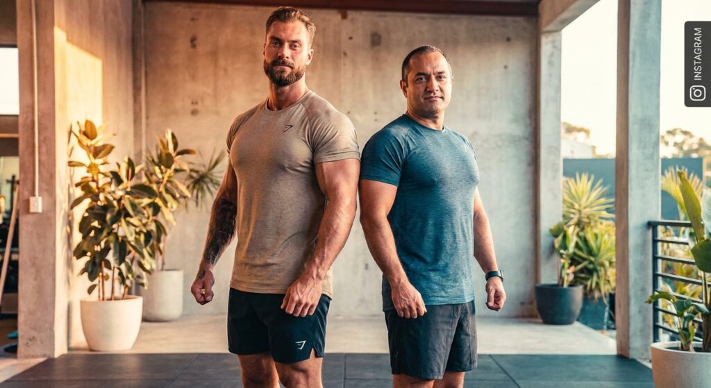A high-quality, vibrant photo of a male and female fitness model (like Chris Bumstead) standing back-to-back, both clearly showing a V-Taper physique. The image should be stylish and Instagram-worthy.