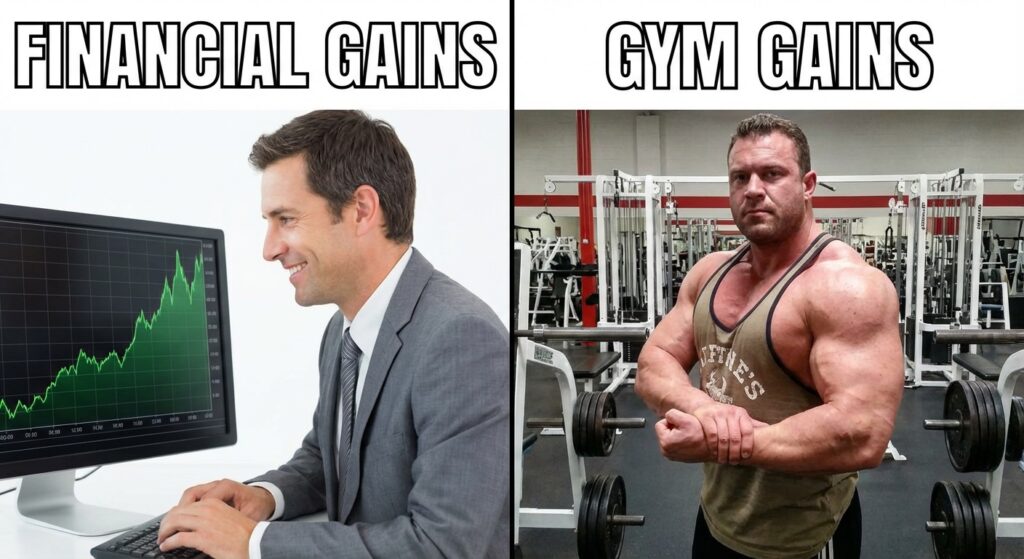 A split-screen meme. Left side: A businessman in a suit looking at a stock market chart going up, with the caption "Financial Gains". Right side: A very muscular person flexing in the gym, with the caption "Gym Gains".