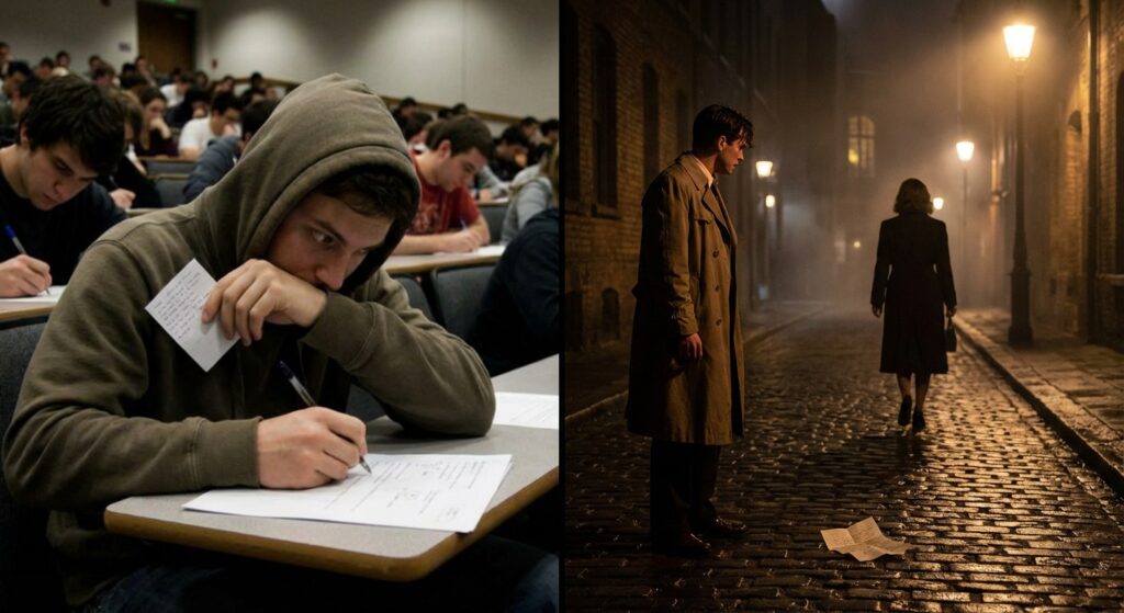 A split-screen image. On one side, a student nervously cheating on an exam. On the other side, a dramatic, movie-style scene implying romantic betrayal.
