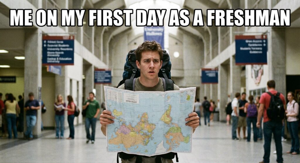 A funny meme of a confused student looking at a map in a huge university hallway, with the caption "Me on my first day as a freshman."