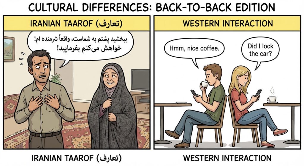 A funny meme comparing a typical Iranian تعارف situation with a direct Western interaction. For example, two panels: Panel 1 shows an Iranian profusely apologizing for their back being towards someone. Panel 2 shows two Westerners sitting back-to-back, completely oblivious and relaxed.