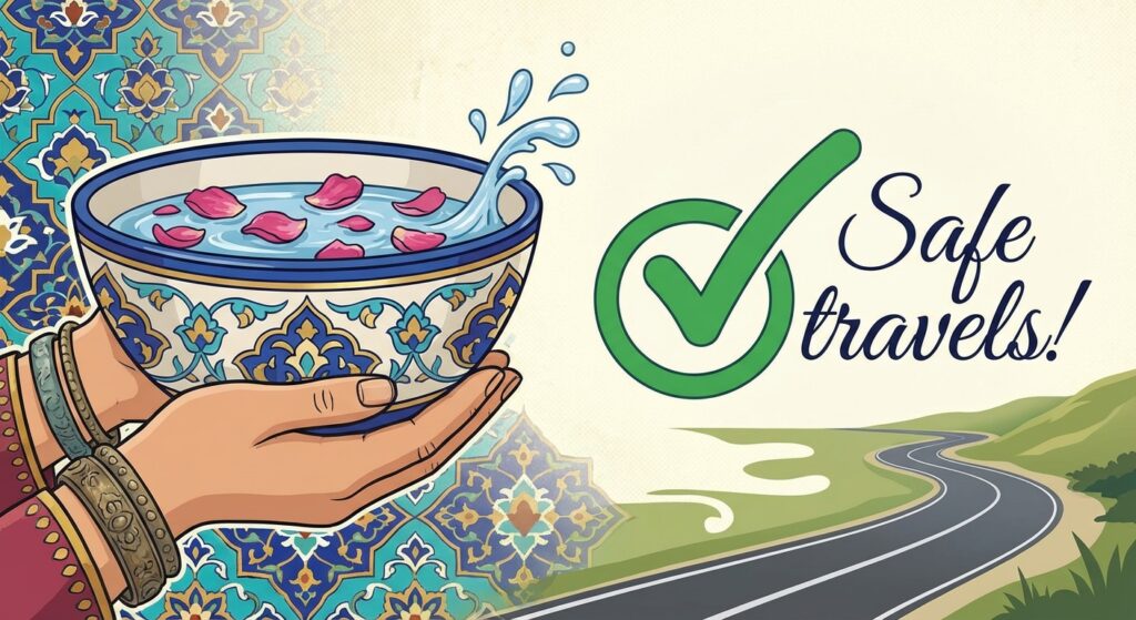 یک تصویر گرافیکی جذاب که در یک سمت یک کاسه آب سنتی ایرانی را نشان می‌دهد و در سمت دیگر علامت تیک سبز کنار عبارت "Safe travels!" به انگلیسی.