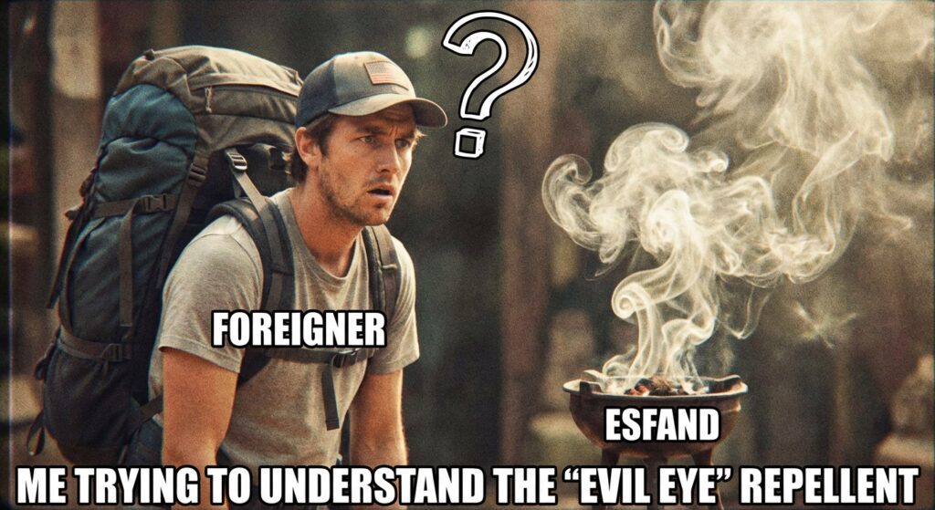 A funny meme or a short GIF of a confused foreigner looking at "Esfand" smoke with a question mark over their head.