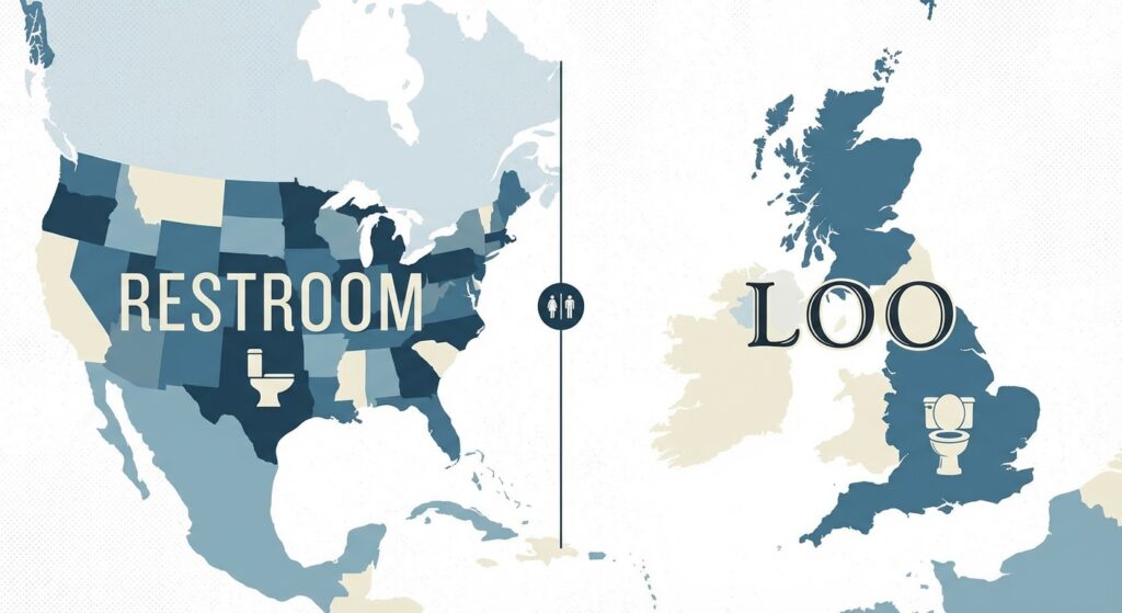 یک تصویر گرافیکی شیک که تفاوت‌های فرهنگی را نشان می‌دهد. در یک سمت نقشه آمریکا با کلمه "Restroom" و در سمت دیگر نقشه بریتانیا با کلمه "Loo".