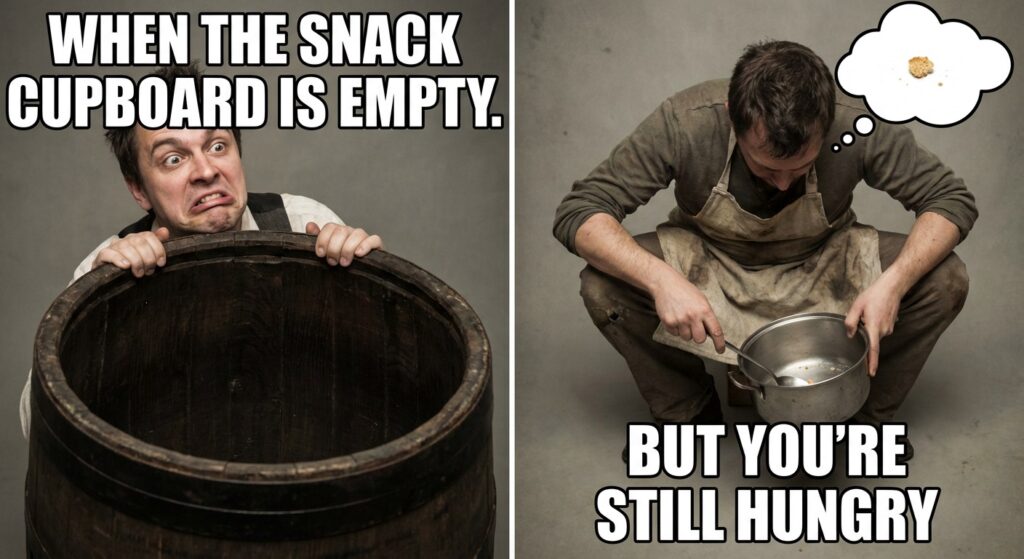 A funny meme of a person looking inside an empty barrel with a desperate face. Or a GIF of someone scraping the last bit of food from a pot.