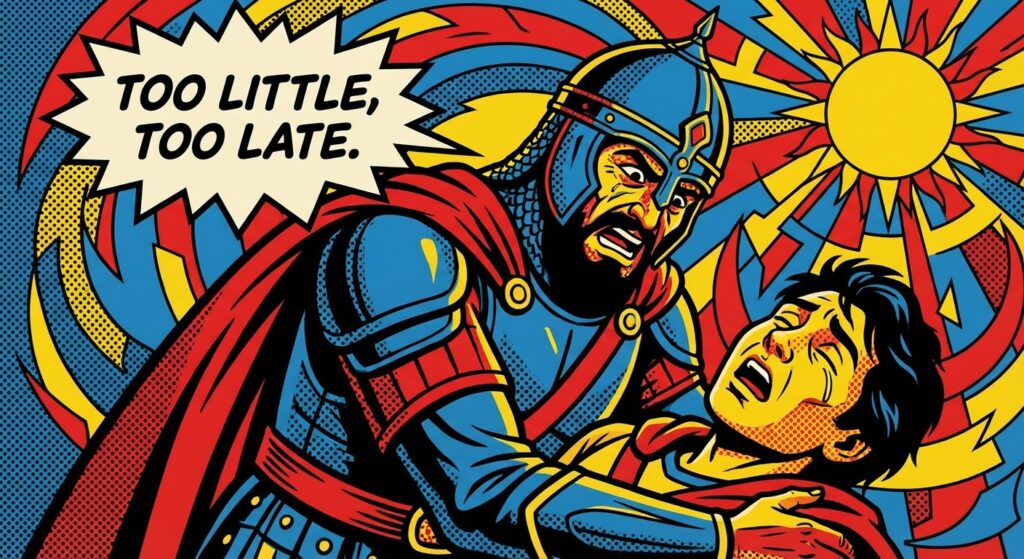 A dramatic and artistic illustration of Rostam grieving over Sohrab, with a modern, pop-art twist. Maybe with a caption bubble saying "Too little, too late."