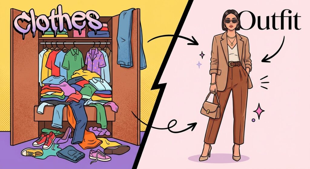یک تصویر گرافیکی جذاب که در یک سمت کمد لباس نامرتب با برچسب "Clothes" و در سمت دیگر یک مدل با تیپ کامل و هماهنگ با برچسب "Outfit" را نشان می‌دهد.