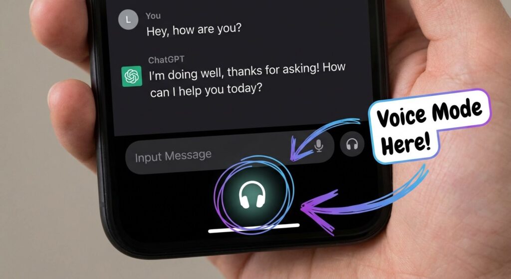 A screenshot of the ChatGPT mobile app interface, highlighting the headphone icon for Voice Mode. Maybe with some cool arrows pointing to it.