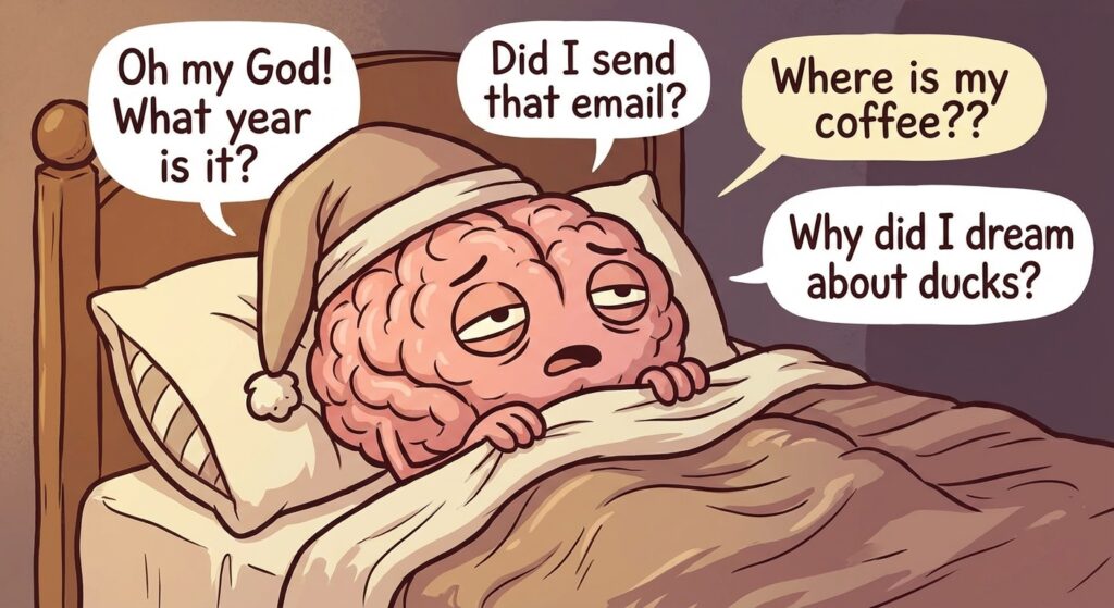 یک تصویر گرافیکی یا میم (Meme) از مغز انسان که در یک تختخواب خوابیده و از بالای سرش حبابهای دیالوگ با کلمات انگلیسی مثل "Oh my God!" یا "Where is my coffee?" بیرون آمده است. تصویر باید حس طنز و کنجکاوی را القا کند.