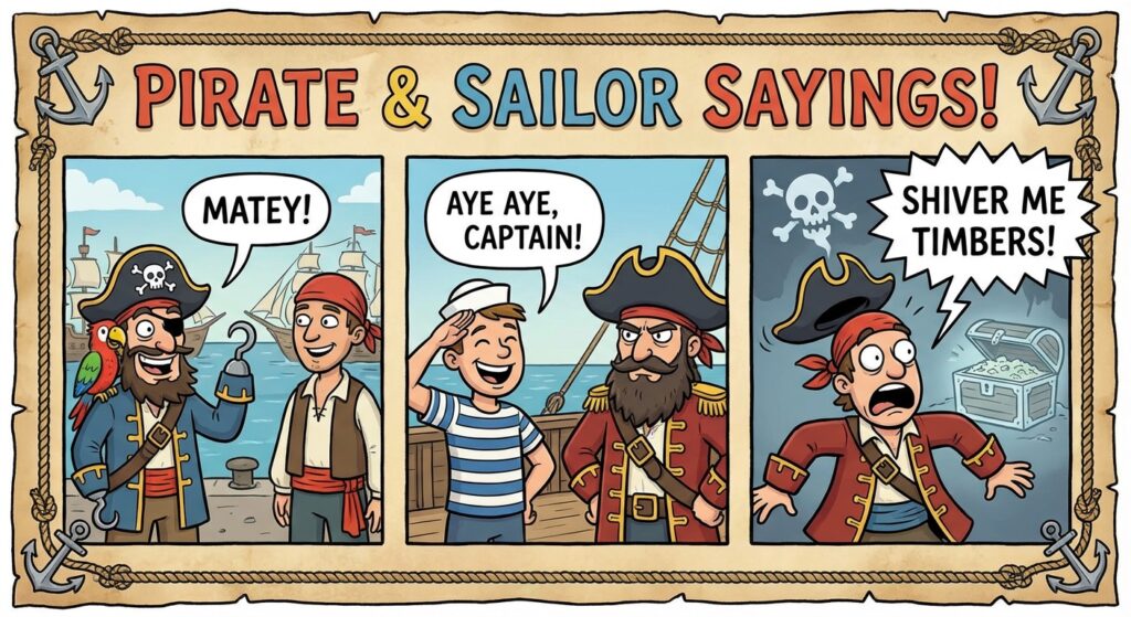 A fun, cartoonish infographic showing a pirate saying "Matey" to another, a sailor saluting and saying "Aye Aye, Captain!", and a pirate looking shocked with the text "Shiver me timbers!".
