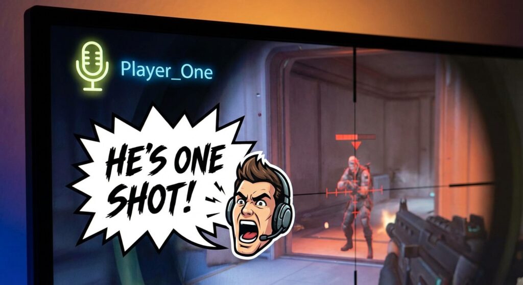 An image showing the in-game voice chat icons with illustrations of a player shouting "He's one shot!".