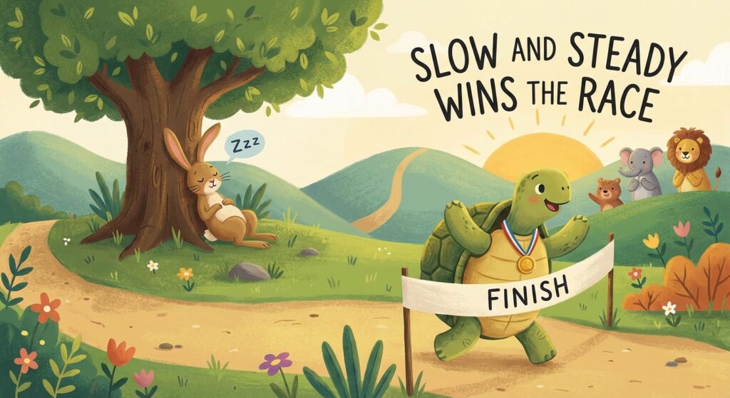 A cute, stylized illustration of the tortoise crossing the finish line while the hare is sleeping under a tree in the background. With the text "Slow and steady wins the race" written in a fun font.