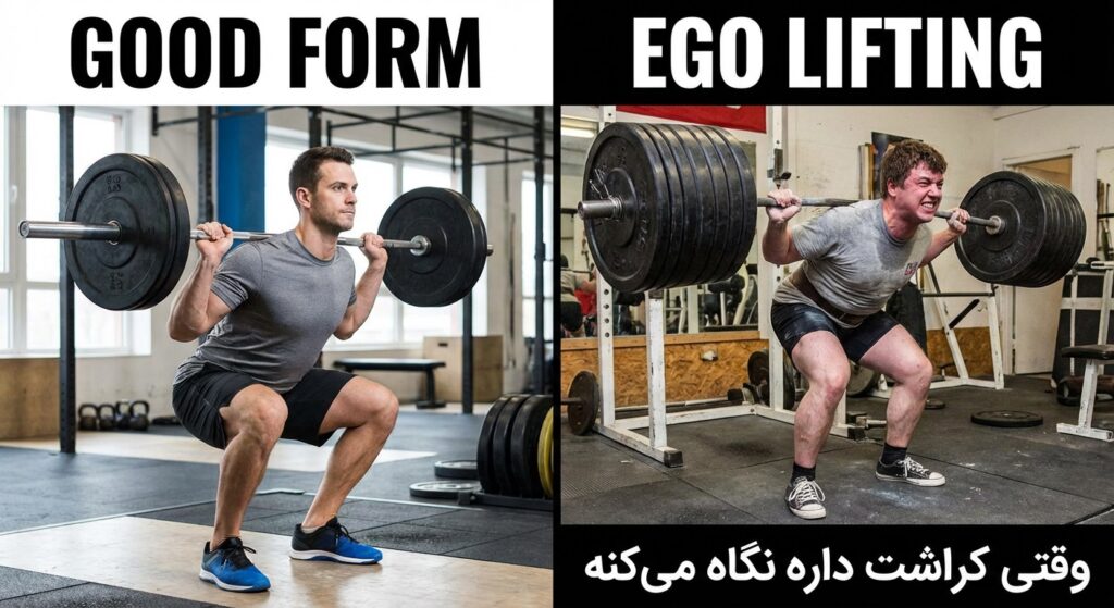 A meme comparing "Good Form" vs "Ego Lifting". Side-by-side images. On the left, someone doing a perfect squat. On the right, someone doing a horrible squat with too much weight, with a funny caption in Persian like "وقتی کراشت داره نگاه می‌کنه".