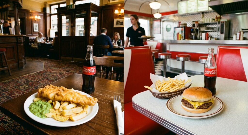 A side-by-side photo. Left side: A British pub with a plate of "Fish and Chips". Right side: An American diner with a burger and a side of "French Fries".