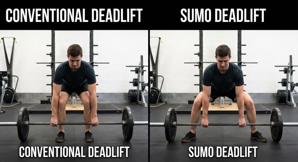 A side-by-side comparison image or a simple GIF showing the starting position of a Conventional Deadlift vs. a Sumo Deadlift.