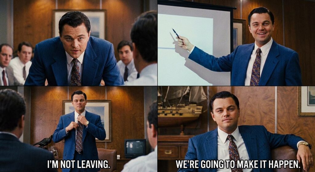 A GIF of a character from a movie like "The Wolf of Wall Street" or "Succession" looking confident and determined in a business meeting.