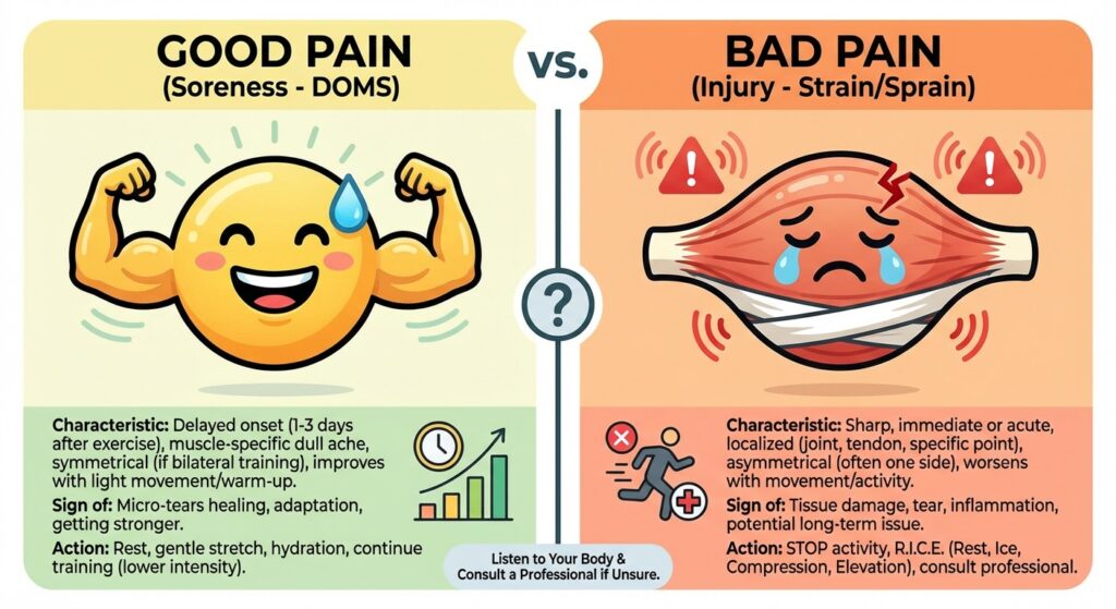 An infographic comparing "Good Pain (Soreness)" with a smiling muscle emoji vs. "Bad Pain (Injury)" with a sad/injured muscle emoji.