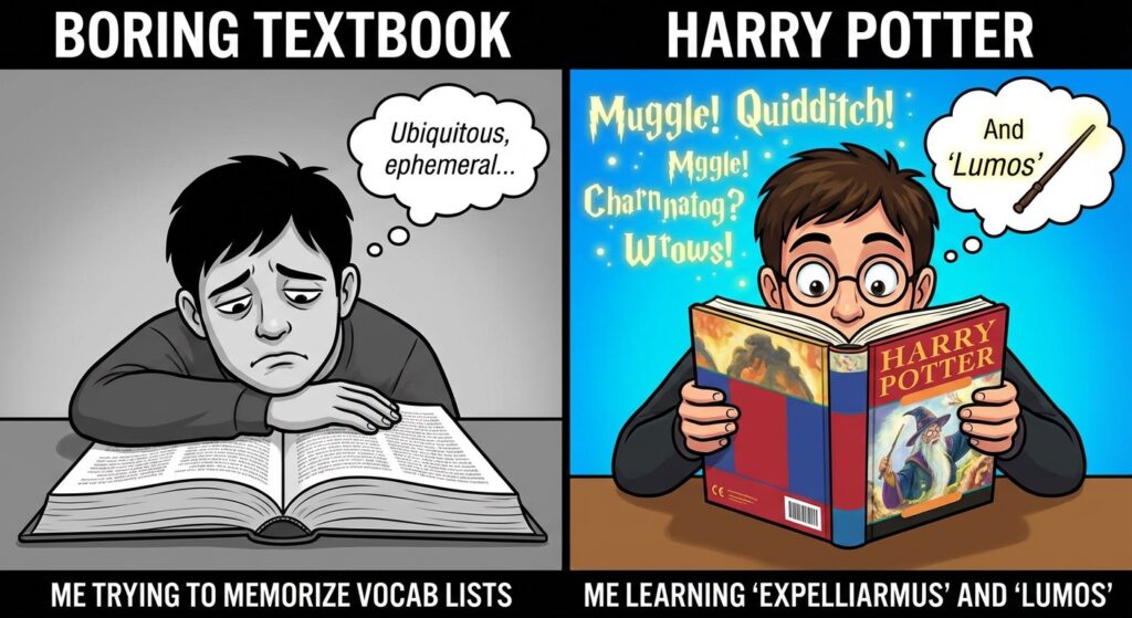 A meme comparing a student trying to learn vocabulary from a boring textbook (black and white, sad face) vs. a student learning from Harry Potter (colorful, excited face).