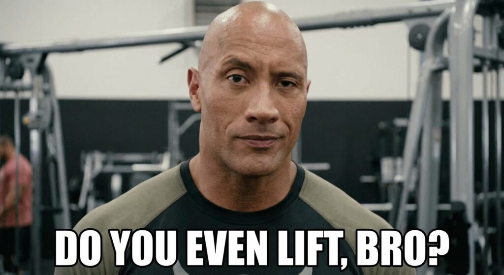 A GIF of a famous muscular actor like Dwayne "The Rock" Johnson raising an eyebrow, with the text "Do you even lift, bro?" appearing on screen.
