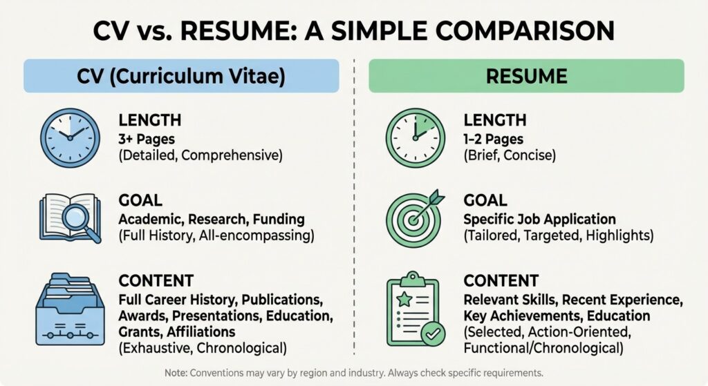 A simple, clean infographic comparing CV and Resume side-by-side. Use icons for "Length", "Goal", and "Content" for each. For example, a clock icon for length showing 1-2 pages for Resume and 3+ pages for CV.