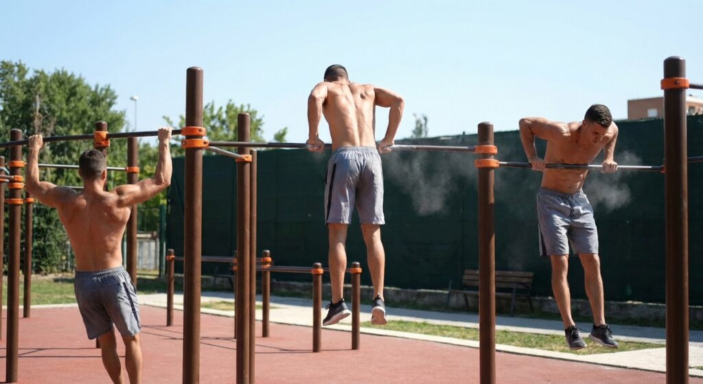 A slow-motion GIF of an athlete performing a perfect muscle-up. The focus should be on the explosive power and flawless transition.