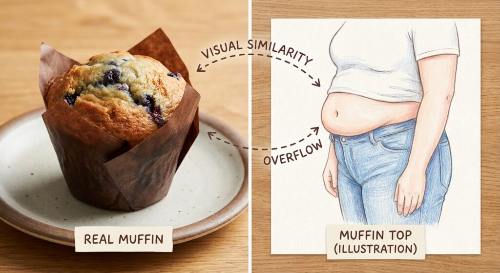 A side-by-side comparison. On the left, a picture of a real muffin spilling over its paper cup. On the right, a non-shaming, illustrative drawing of what a "muffin top" looks like on a person wearing jeans. Use arrows to connect the visual similarities.