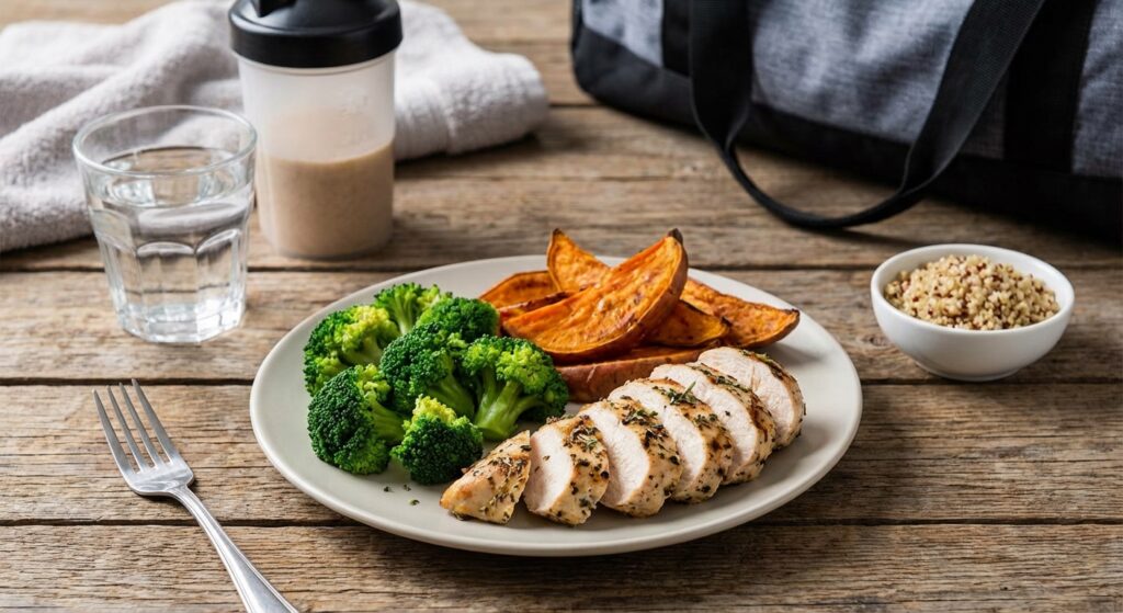 A picture of a delicious and healthy post-workout meal, like grilled chicken breast, sweet potatoes, and broccoli. Or a GIF of someone happily drinking a protein shake after a tough workout.
