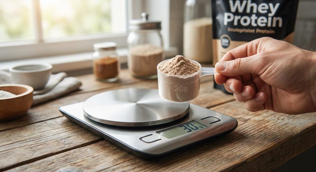 A high-quality photo showing a hand holding a supplement scoop next to a kitchen scale displaying "30g". This visually connects the idea of a scoop to a measured serving size.